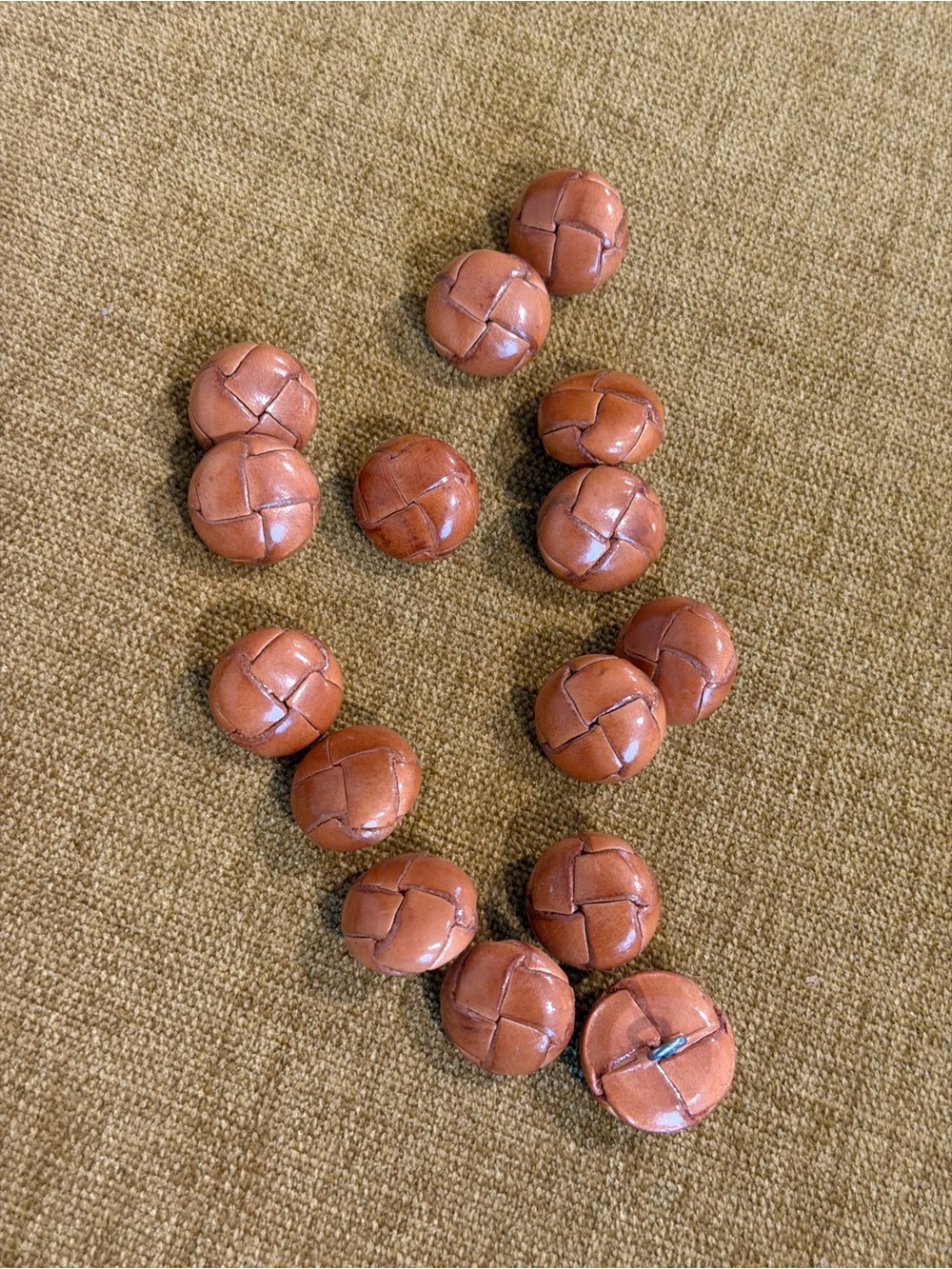 15 Vintage Leather Buttons - Brown leather, lacquered, metal shank